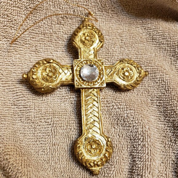 Christmas Ornament Gold Cross with White Faux Gem ~ 2 AVAILABLE - Picture 4 of 4